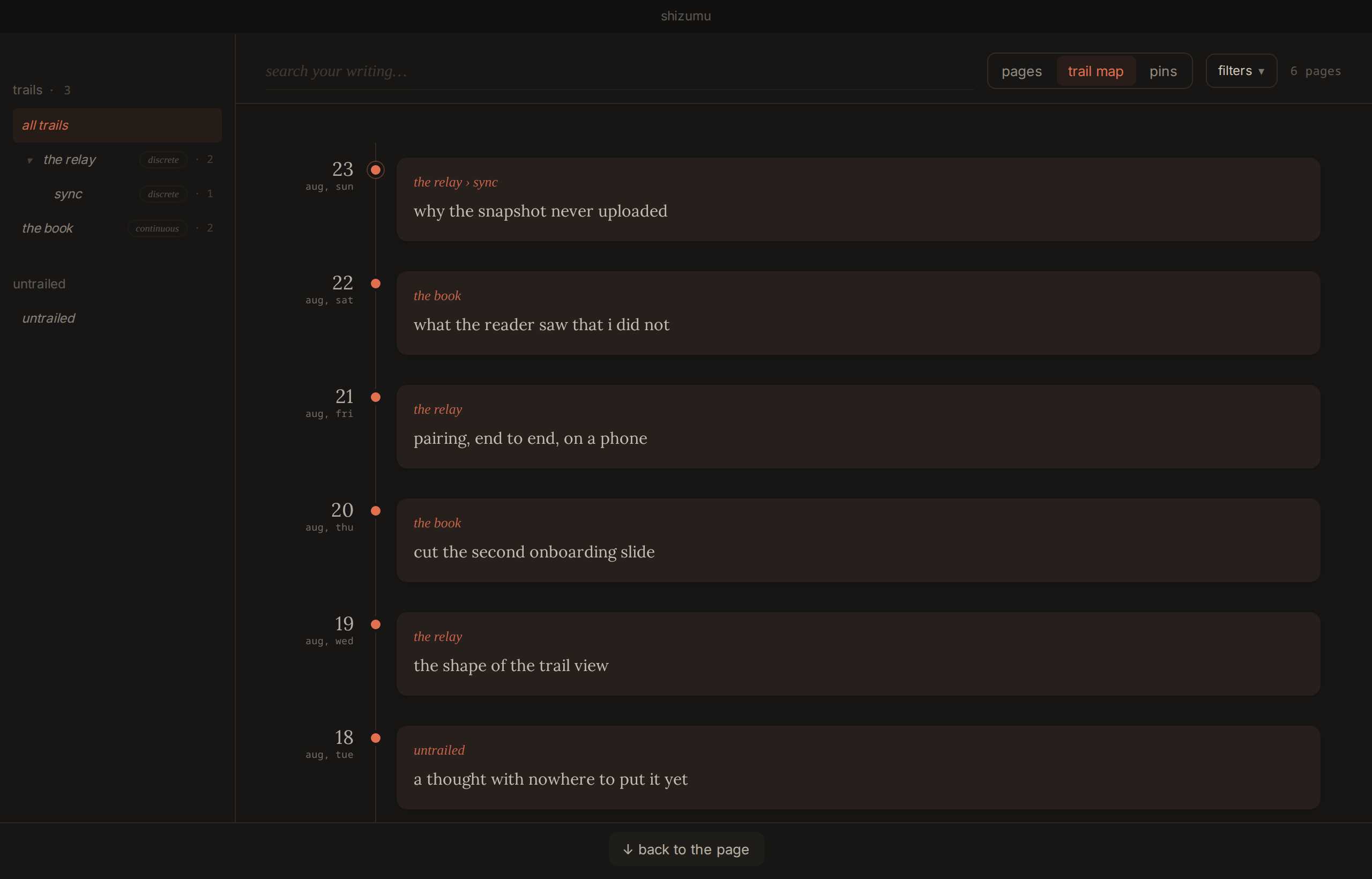 memory in shizumu: a search field over the trail map, one dated page per day across three trails