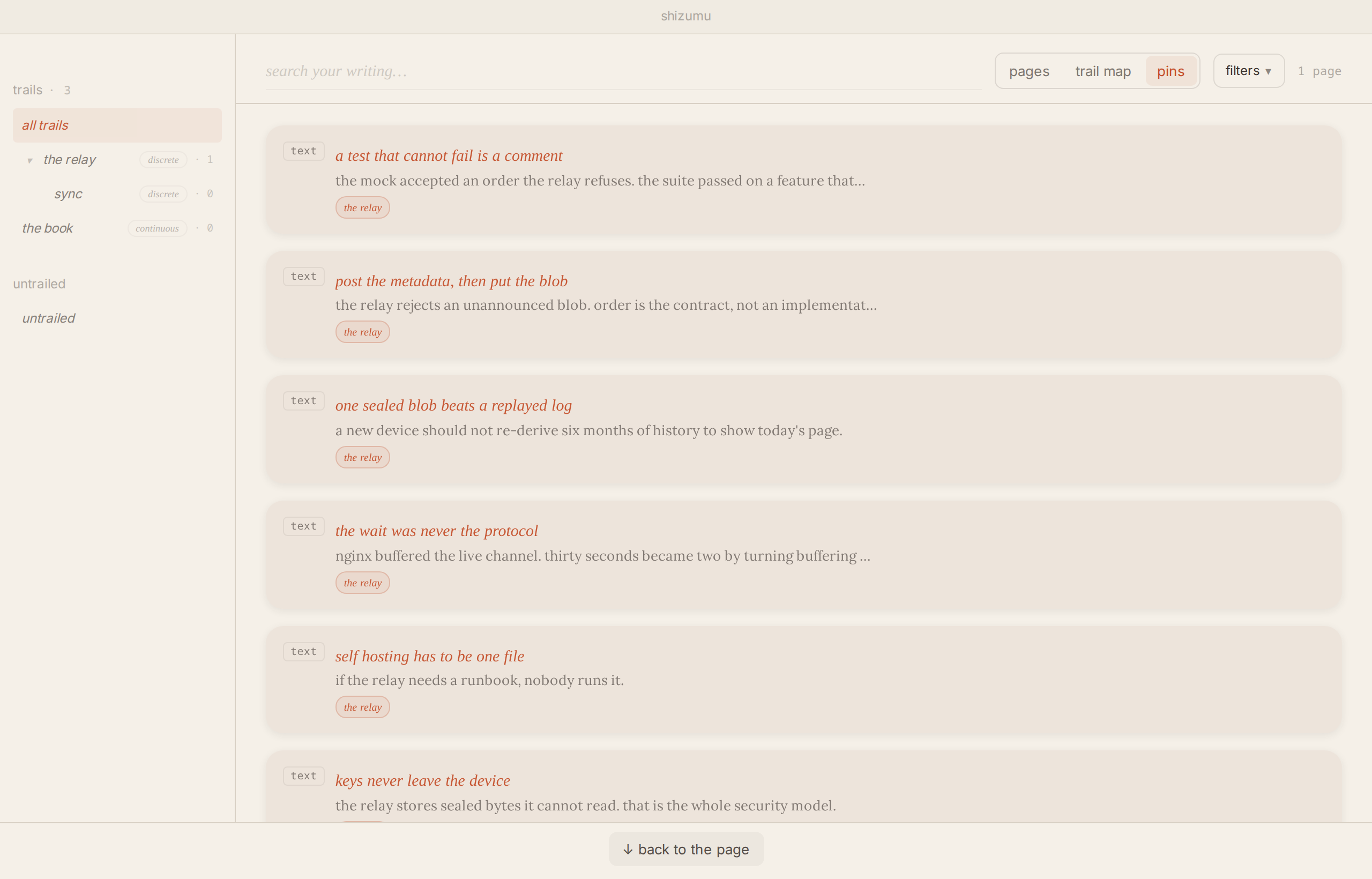 pins: notes and boards kept from across a trail, one search over all of them