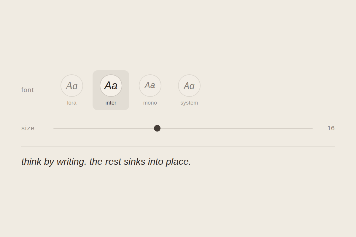 font and size picker with lora, inter, mono, system circular options and a slider