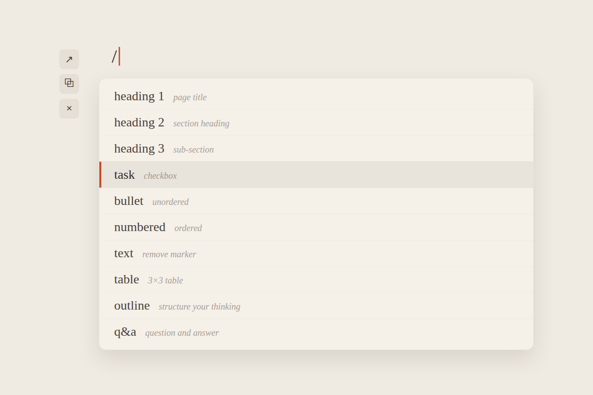 slash menu with heading, task, bullet, numbered, table, outline, q&a entries